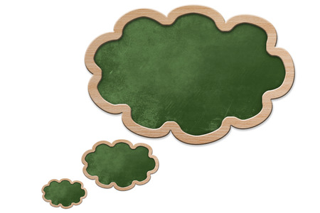 Blackboard in thought bubble shape with wooden frame, isolated on white backroundの写真素材