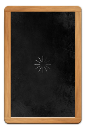 Blackboard with wooden frame and chalk drawn tablet computer loading symbol, isolated on white backroundの写真素材