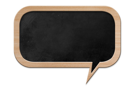 Blackboard in speech bubble shape with wooden frame, isolated on white backroundの写真素材
