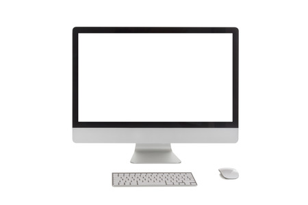 modern computer with blank white screen, keyboard and mouse isolated on white backgroundの写真素材