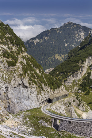 View from a mountain in the bavarian alps with tracks of the mountain railwayの写真素材