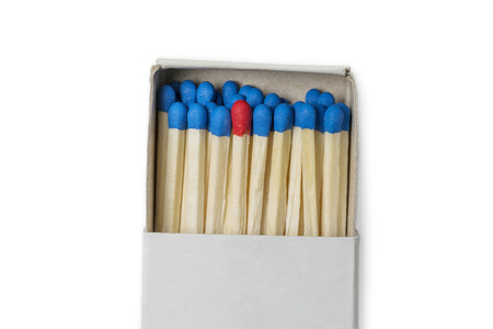 Matchbox with blue and one red matches isolated on white backgroundの写真素材