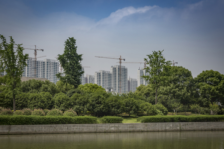 Row of new residential highrises under constructionの写真素材