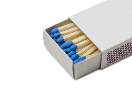 Matchbox with blue matches isolated on white backgroundの写真素材