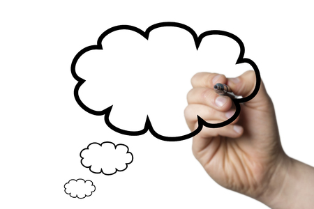 thought bubble drawn by a hand isolated on white backgroundの写真素材