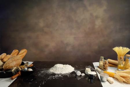 homemade bread cooking preparation and ingredient.の写真素材