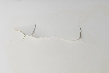 Water seeps on the walls and ceiling after heavy rain or water leaks causing cracks.の写真素材