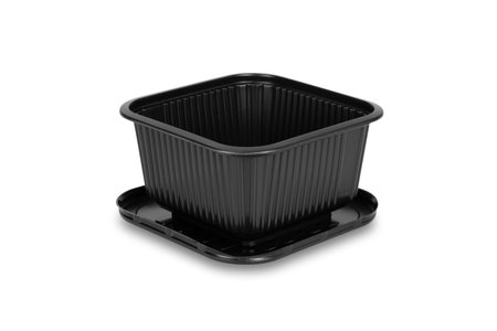 Black empty plastic food containers isolated on white background with clipping path.の写真素材