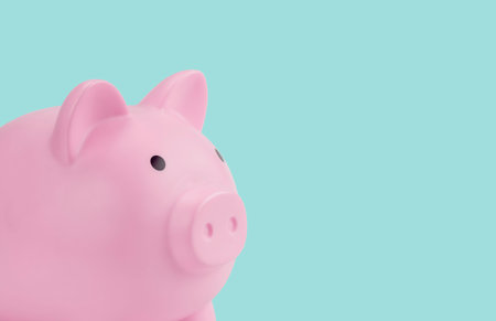 Close up pink piggy bank isolated on light blue background with clipping path. copy space.の写真素材