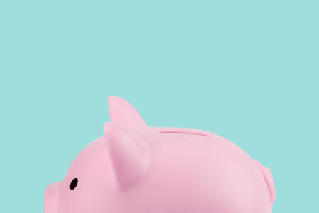 Close up side view of pink piggy bank isolated on light blue background with clipping path. copy space.の写真素材