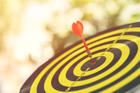 Red dart arrow hitting in bullseye on dartboard with sunlight and bokeh green background. Business...