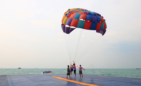 Colorful parachute against clear sky のeditorial素材