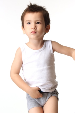 Little boy prepare to bathroom   isolated over white  の写真素材