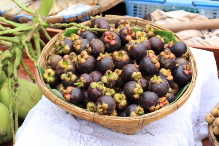 Closeup mangosteen in the basketの写真素材