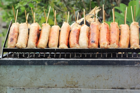 Grilled Sausages on market in Thailand の写真素材