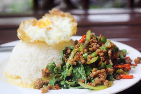 stir fried minced pork and chili ,basil served with steamed rice and fried egg Selective focusの写真素材