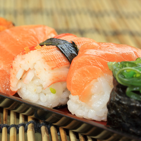 Close up the delicious Japanese sushi on the plate の写真素材