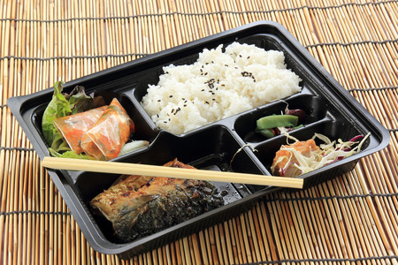 Grill Saba fish with steam rice in set box , Japanese Food