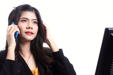 Asian Business woman talking mobile phone isolateon white background