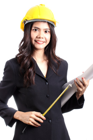 Engineer woman in yellow Hat Isolate on white background の写真素材