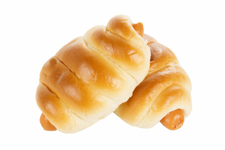 Sausage in bread isolated on white background の写真素材
