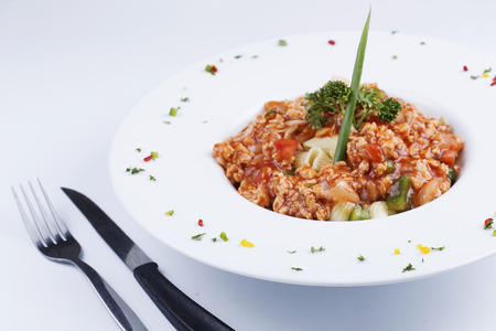 Macaroni with tomato chicken sauce on the Plateの写真素材