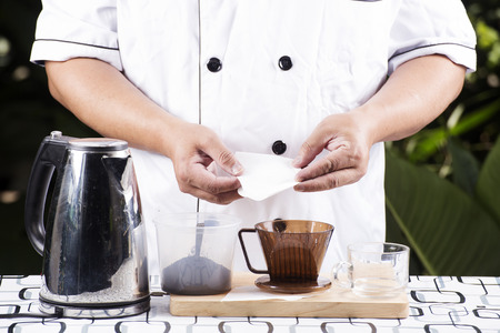Chef present Ingredient Fresh coffee and Filter cupの写真素材