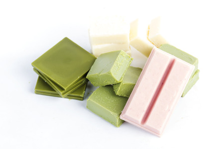 Group of green tea ,strawberry and white chocolate isolated on white background