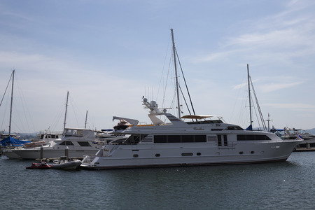 PATTAYA, THAILAND - NOVEMBER 28, 2015 :The White Yacht anchored at harbor in Ocean Marina Pattaya...