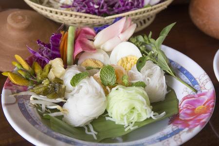 Colorful Khanom Jeen  Thai rice noodle and vegetableの写真素材