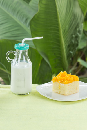 Mini cake with Slice Gold york egg topping and Fresh  milkの写真素材