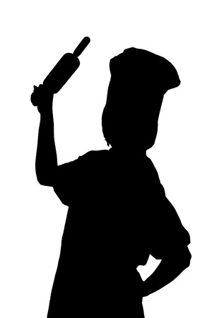 Silhouette Chef woman holding baking rolling pin on white backgroundの写真素材