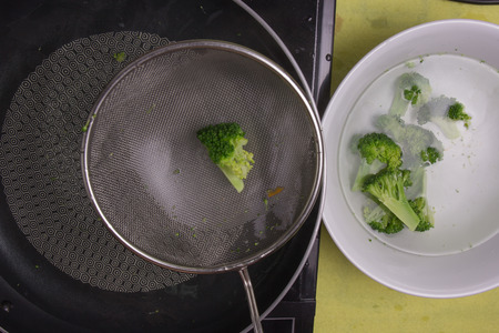 Chef scald broccoli with hot water / cooking steak concept