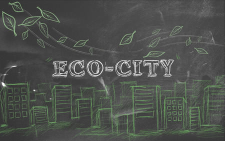 Eco-city green tourism text blackboardの写真素材