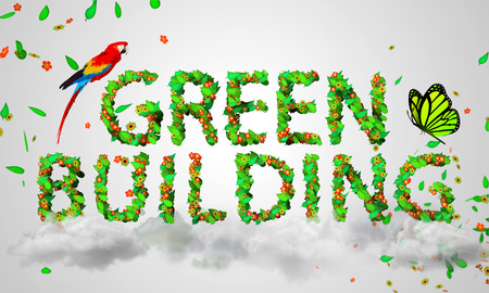 Green Building leaves particles 3Dの写真素材