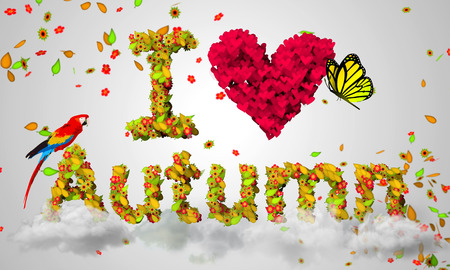 I Love Autumn leaves particles 3Dの写真素材
