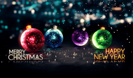Merry Christmas Happy New Year Colorful Baubles Backgroundの写真素材