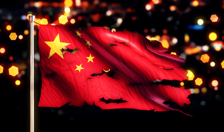 China National Flag Torn Burned War Freedom Night 3Dの写真素材