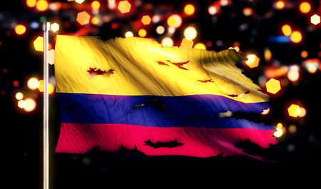 Colombia National Flag Torn Burned War Freedom Night 3Dの写真素材