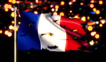 France National Flag Torn Burned War Freedom Night 3Dの写真素材