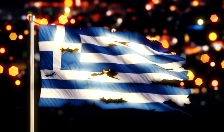 Greece National Flag Torn Burned War Freedom Night 3Dの写真素材