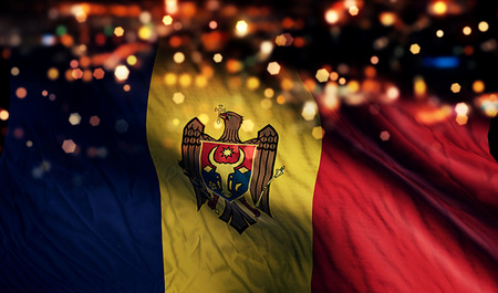 Moldova National Flag Light Night Bokeh Abstract Backgroundの写真素材