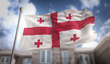 Georgia Flag  Flag 3D Rendering on Blue Sky Building Backgroundの写真素材