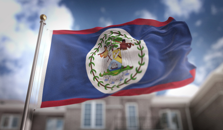 Belize Flag 3D Rendering on Blue Sky Building Backgroundの写真素材