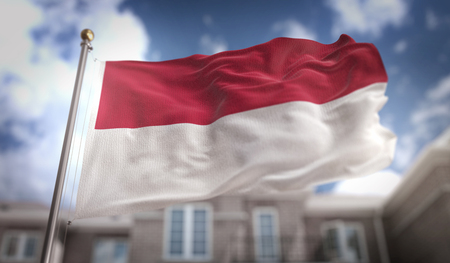 Indonesia Flag 3D Rendering on Blue Sky Building Backgroundの写真素材
