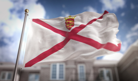 Jersey Flag 3D Rendering on Blue Sky Building Backgroundの写真素材