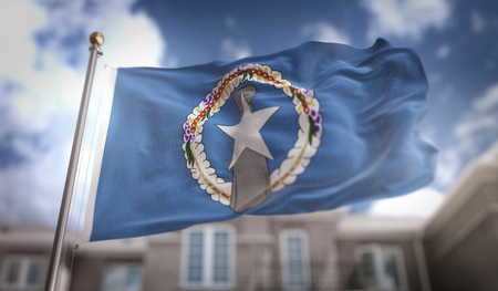Northern Mariana Islands Flag 3D Rendering on Blue Sky Building Backgroundの写真素材
