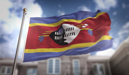 Swaziland Flag 3D Rendering on Blue Sky Building Backgroundの写真素材