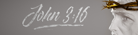 John 3:16 Banner White Jesus Christ Statue with Gold Crown of Thorns 3D Rendering