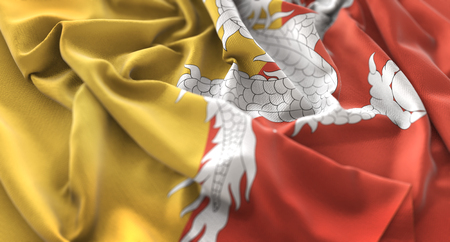 Bhutan Flag Ruffled Beautifully Waving Macro Close-Up Shotの写真素材